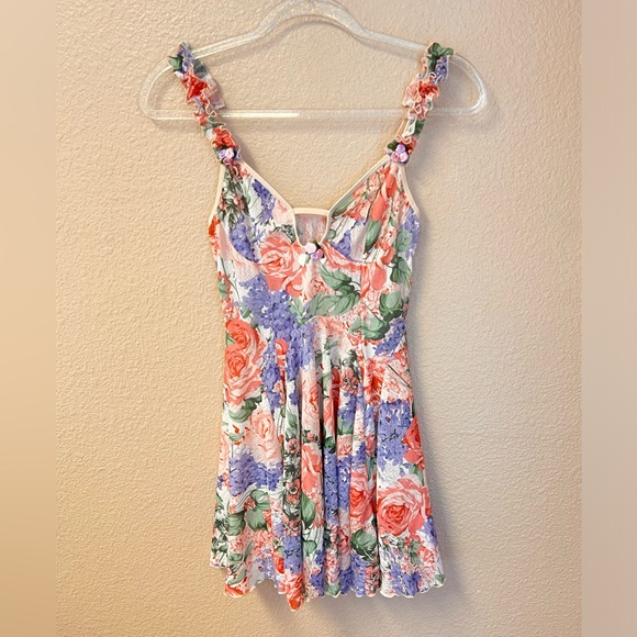 Floral Vintage Mesh Keyhole Ruffle Sleeve Strap 3D Flowers Babydoll Dress Size S - Picture 2 of 15